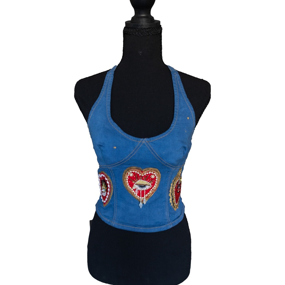 Custom Upcycled Denim Halter Top Beaded Heart Patches Blue Corset Crop Top